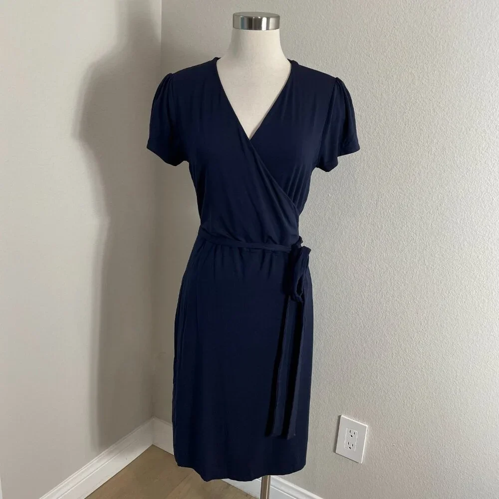 Boden Womens 14R Navy Short Sleeve Wrap Dress Knee‎ Length Stretch V Neck